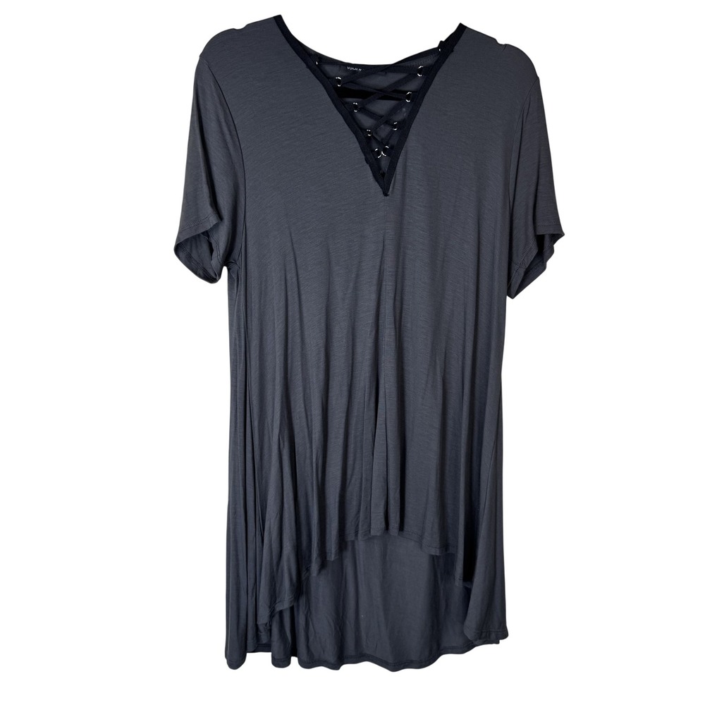 Vocal Gray Rhinestone Angel Wings Lace Up V-Neck High Low Tunic Top XL
